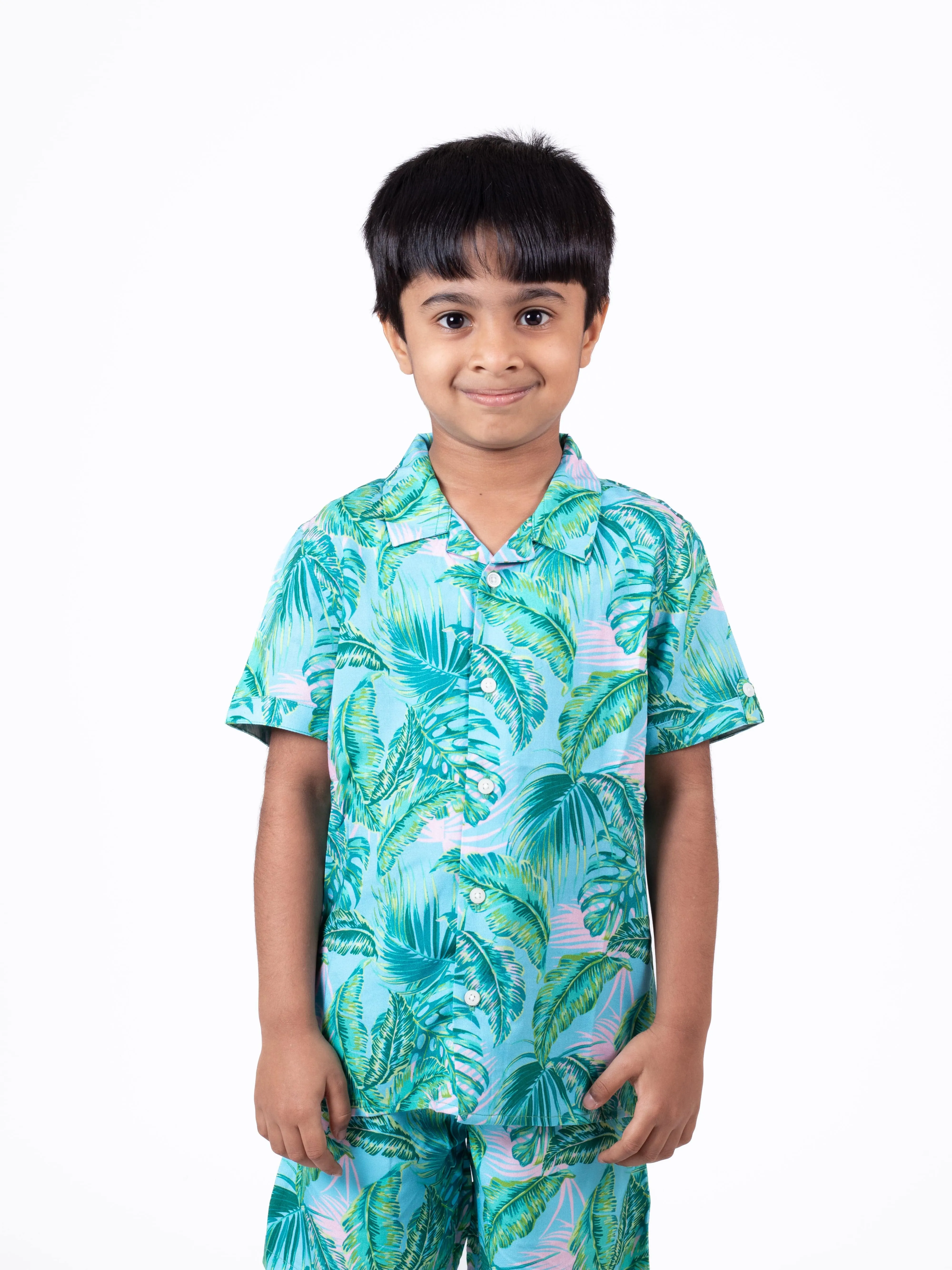 Boys Hawaiian Tropical Printed Shirt & Short Co-Ord Set Sky Blue