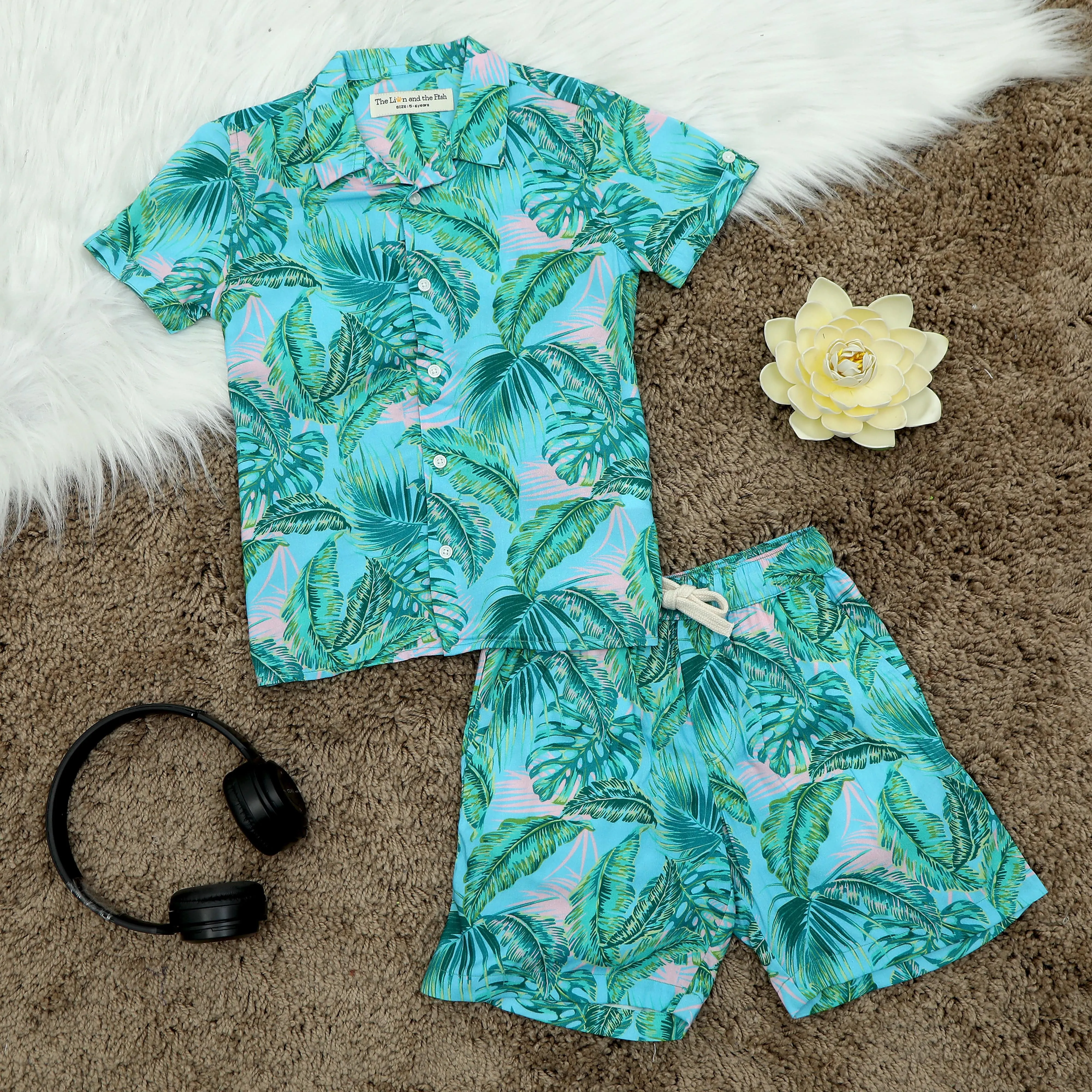 Boys Hawaiian Tropical Printed Shirt & Short Co-Ord Set Sky Blue