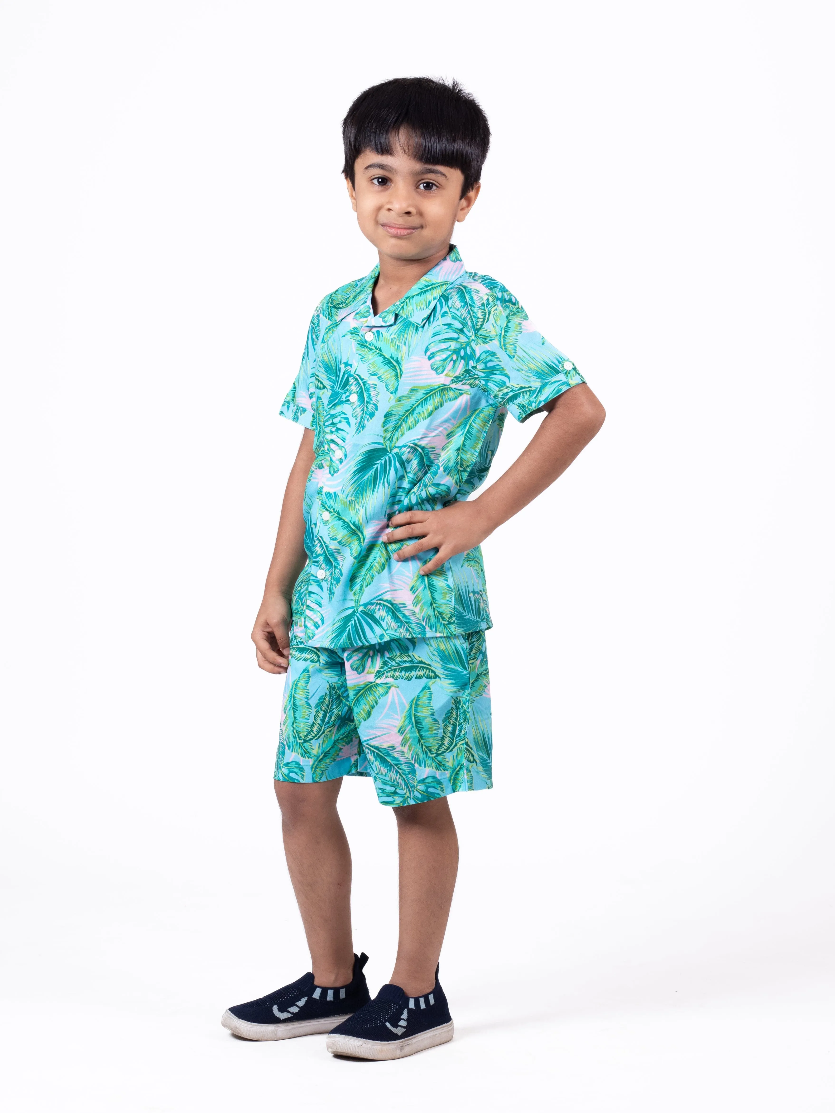 Boys Hawaiian Tropical Printed Shirt & Short Co-Ord Set Sky Blue