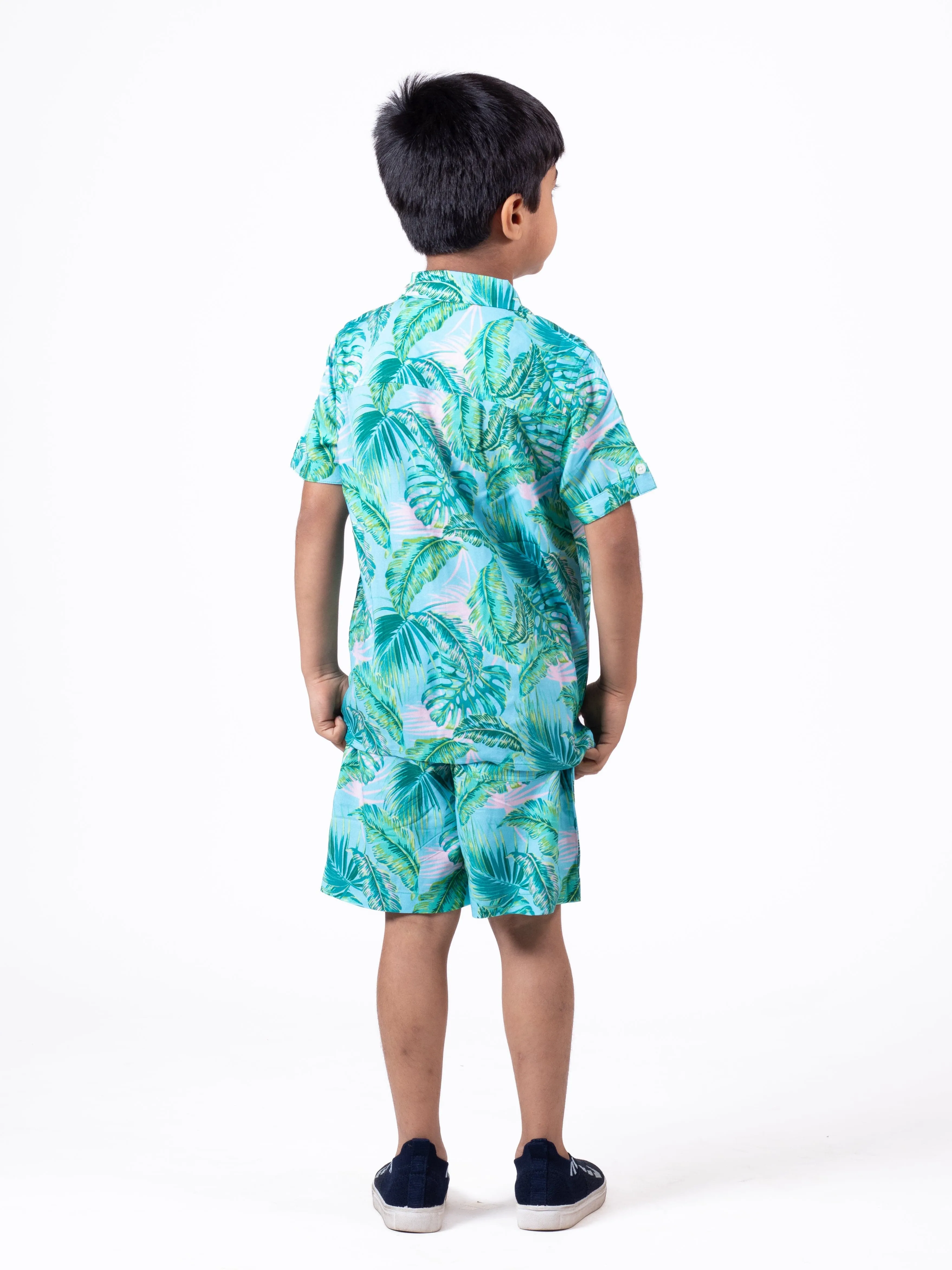 Boys Hawaiian Tropical Printed Shirt & Short Co-Ord Set Sky Blue