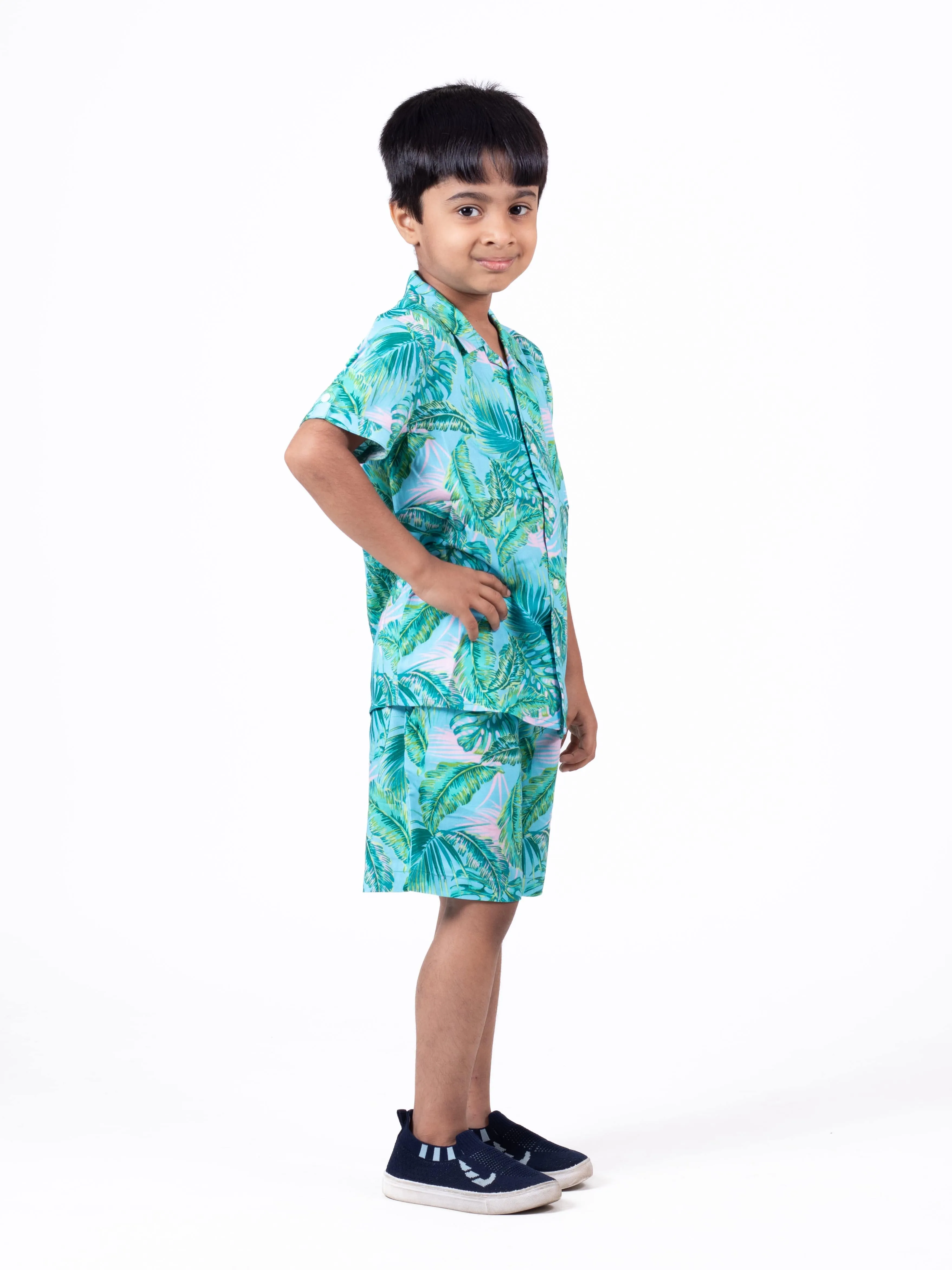 Boys Hawaiian Tropical Printed Shirt & Short Co-Ord Set Sky Blue