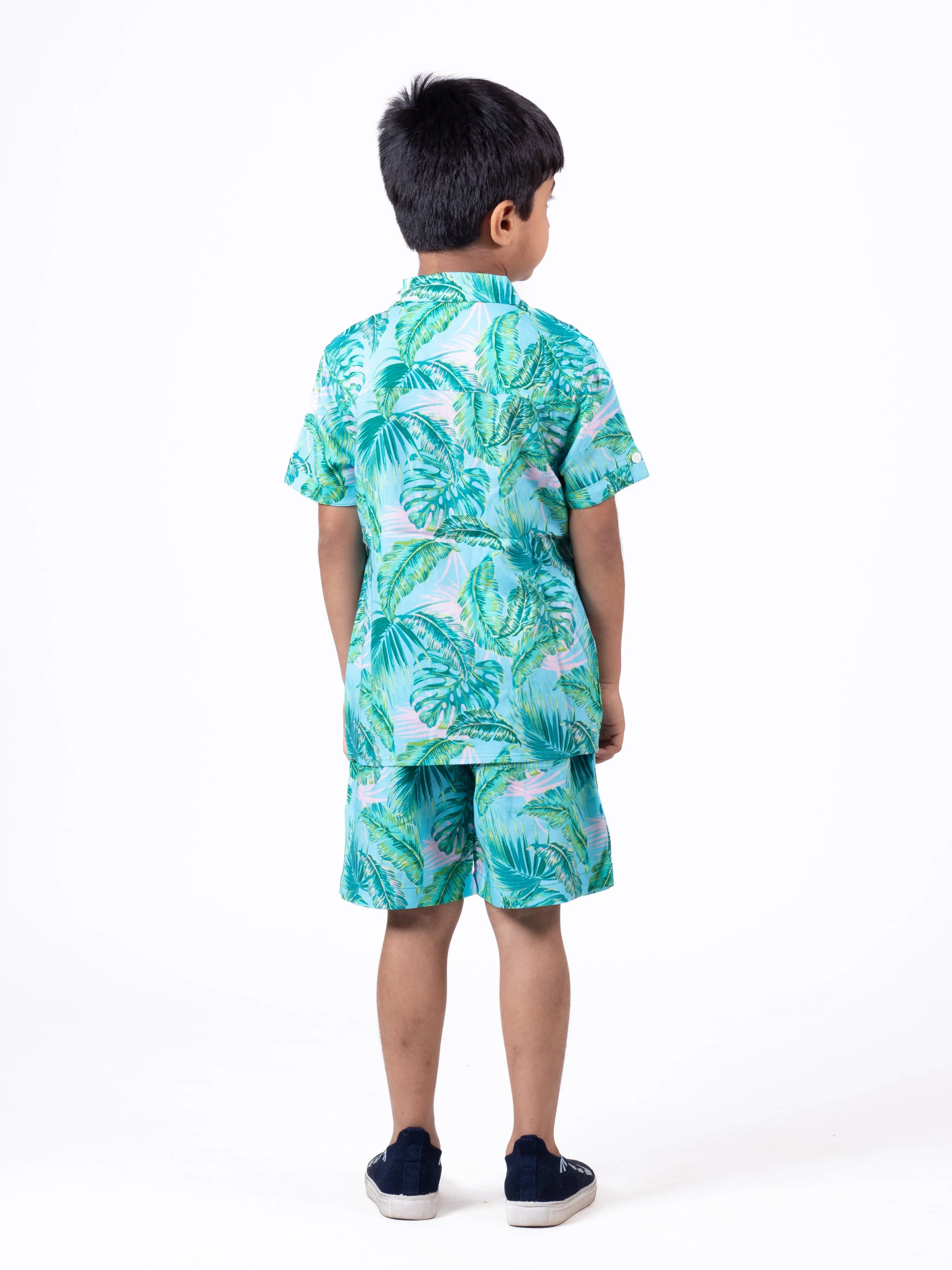 Boys Hawaiian Tropical Printed Shirt & Short Co-Ord Set Sky Blue