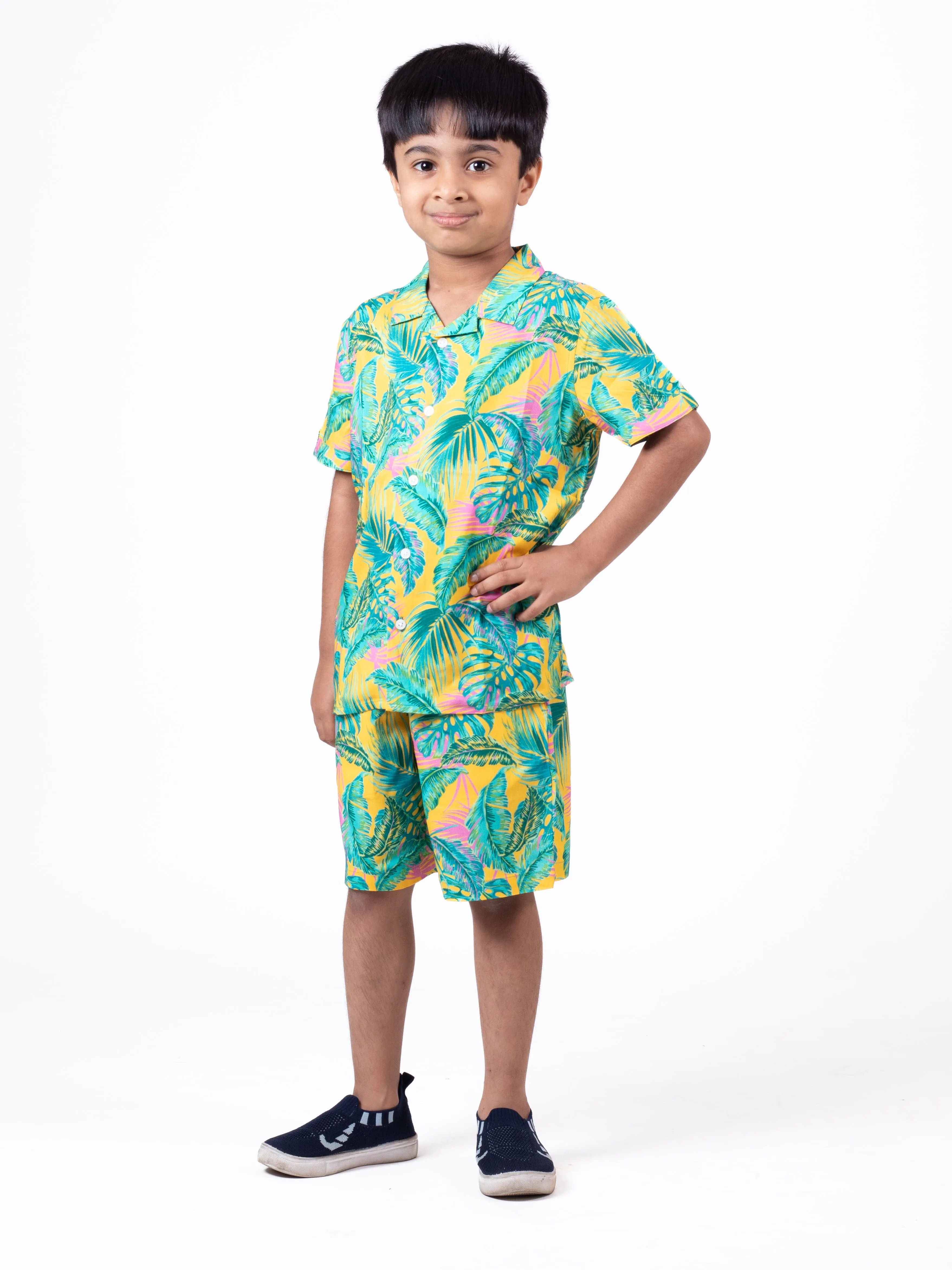 Boys Hawaiian Tropical printed Shirt & Short Co-Ord Set Yellow