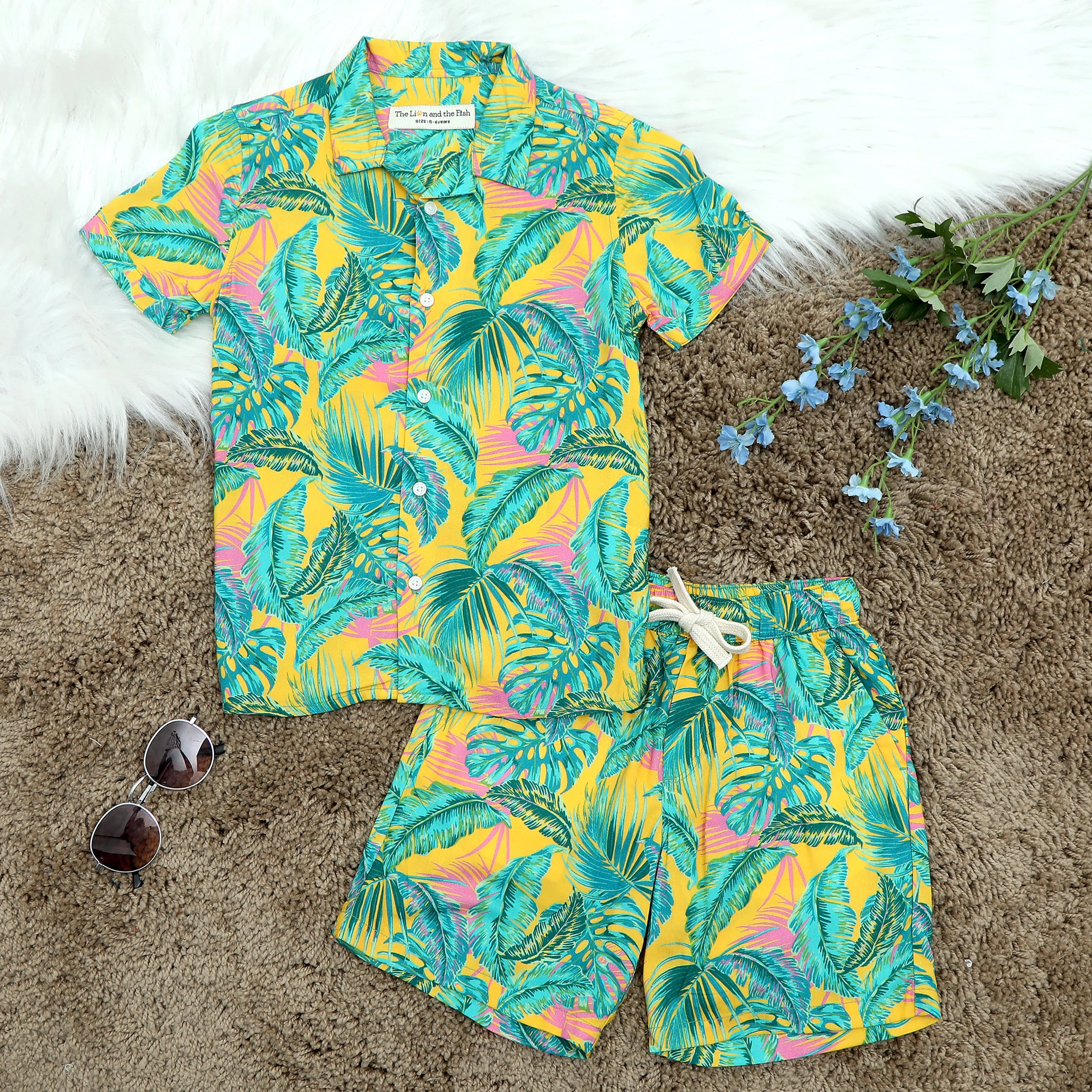 Boys Hawaiian Tropical printed Shirt & Short Co-Ord Set Yellow