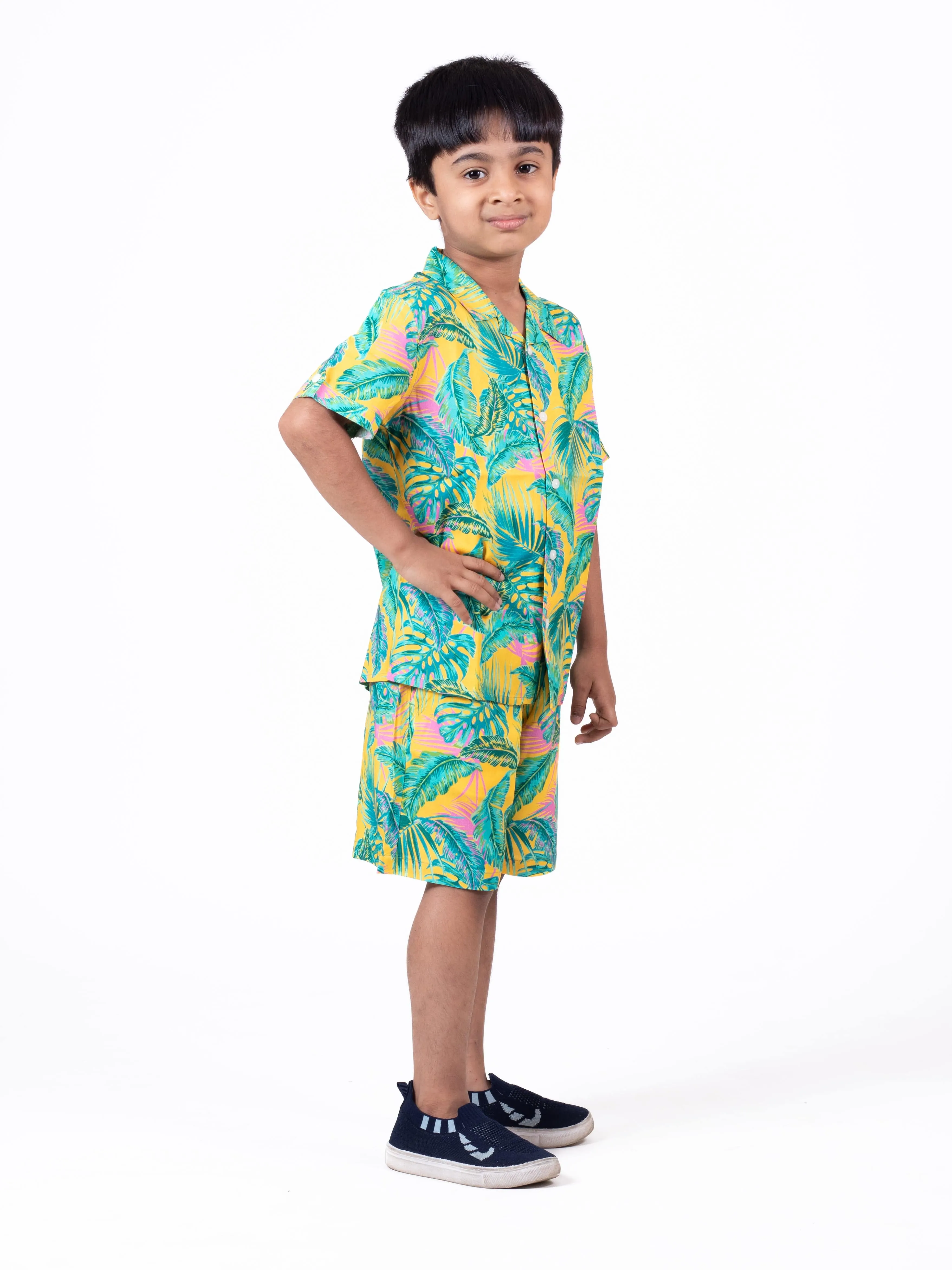 Boys Hawaiian Tropical printed Shirt & Short Co-Ord Set Yellow