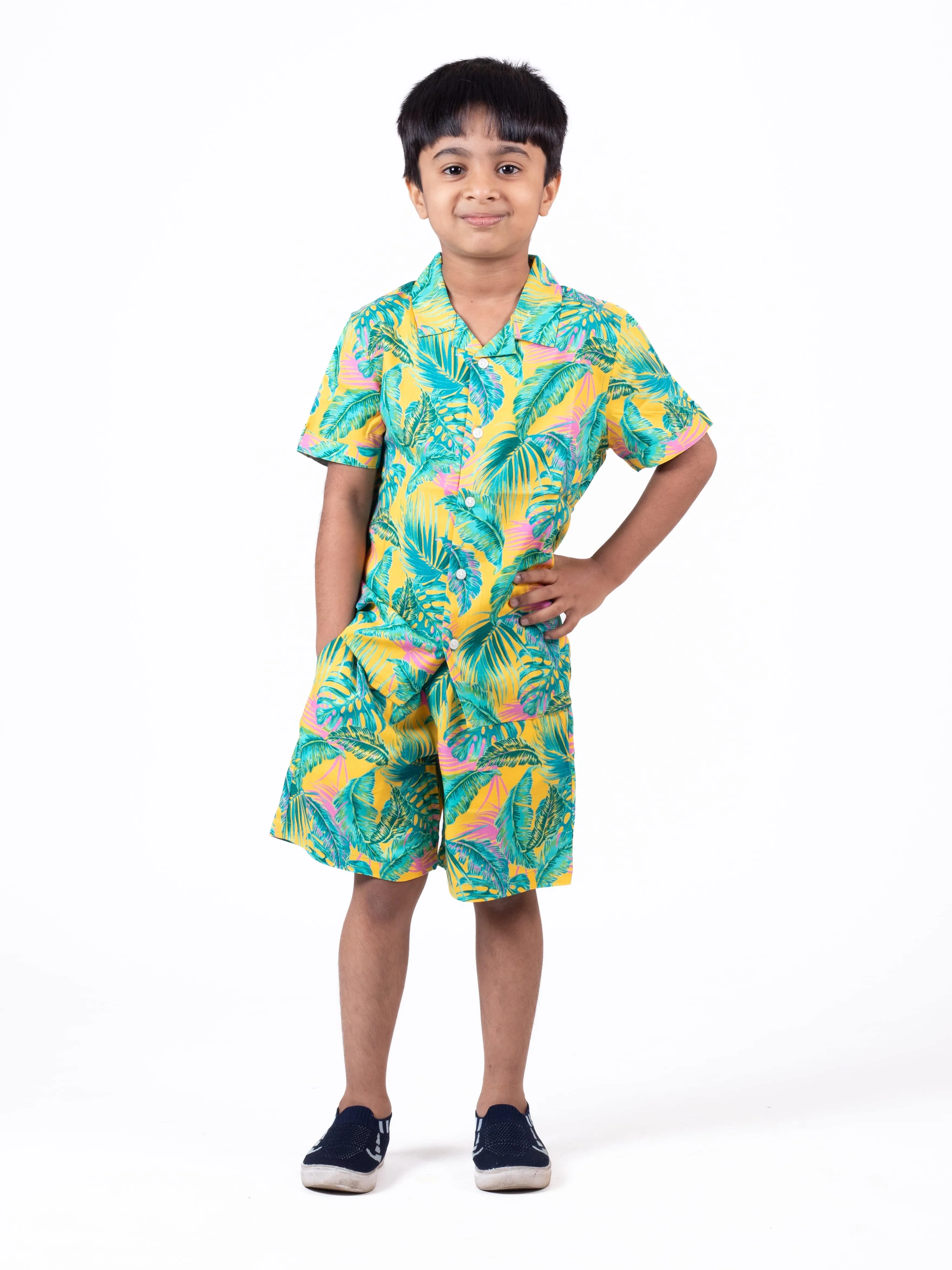 Boys Hawaiian Tropical printed Shirt & Short Co-Ord Set Yellow
