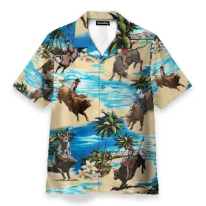 Bull Riding On The Beach Funny Button's Up Shirts - Hawaiian Shirt & Beach Shorts