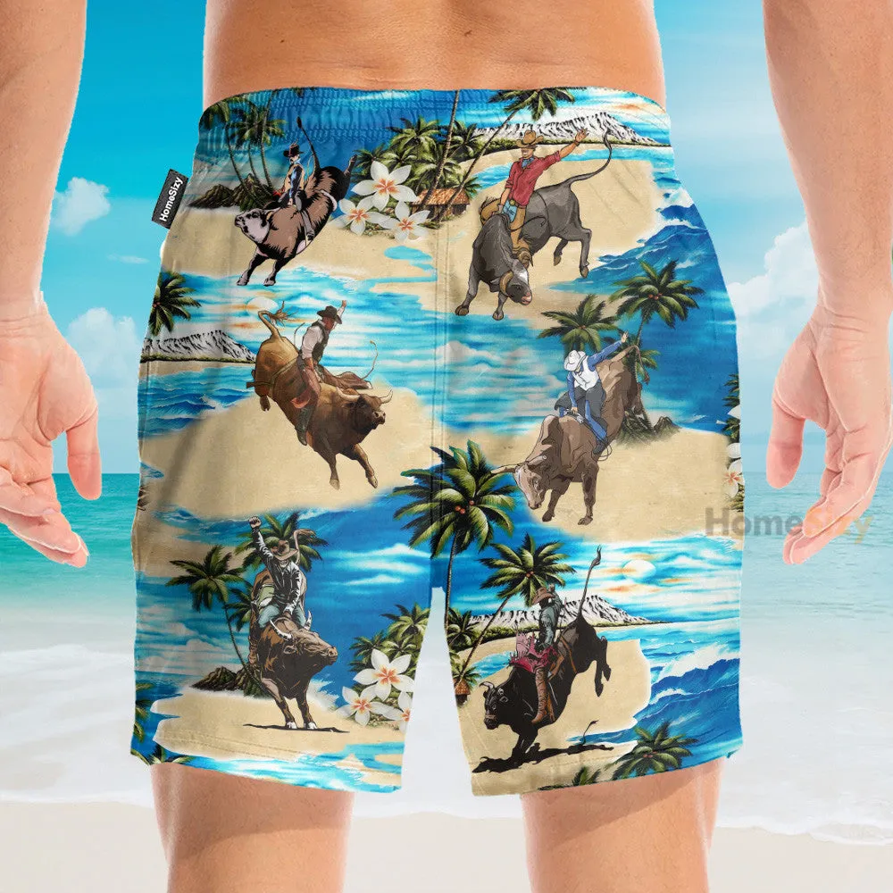 Bull Riding On The Beach Funny Button's Up Shirts - Hawaiian Shirt & Beach Shorts