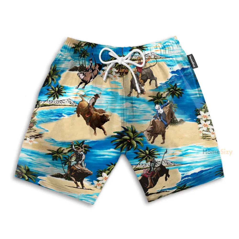 Bull Riding On The Beach Funny Button's Up Shirts - Hawaiian Shirt & Beach Shorts
