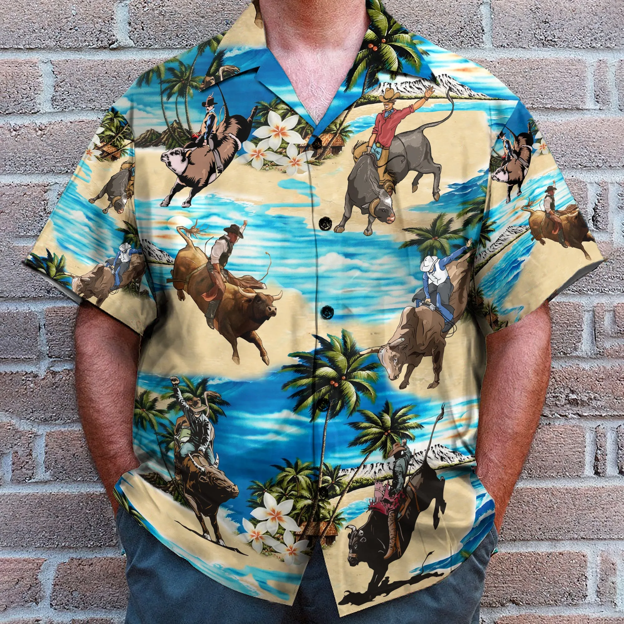 Bull Riding On The Beach Funny Button's Up Shirts - Hawaiian Shirt & Beach Shorts