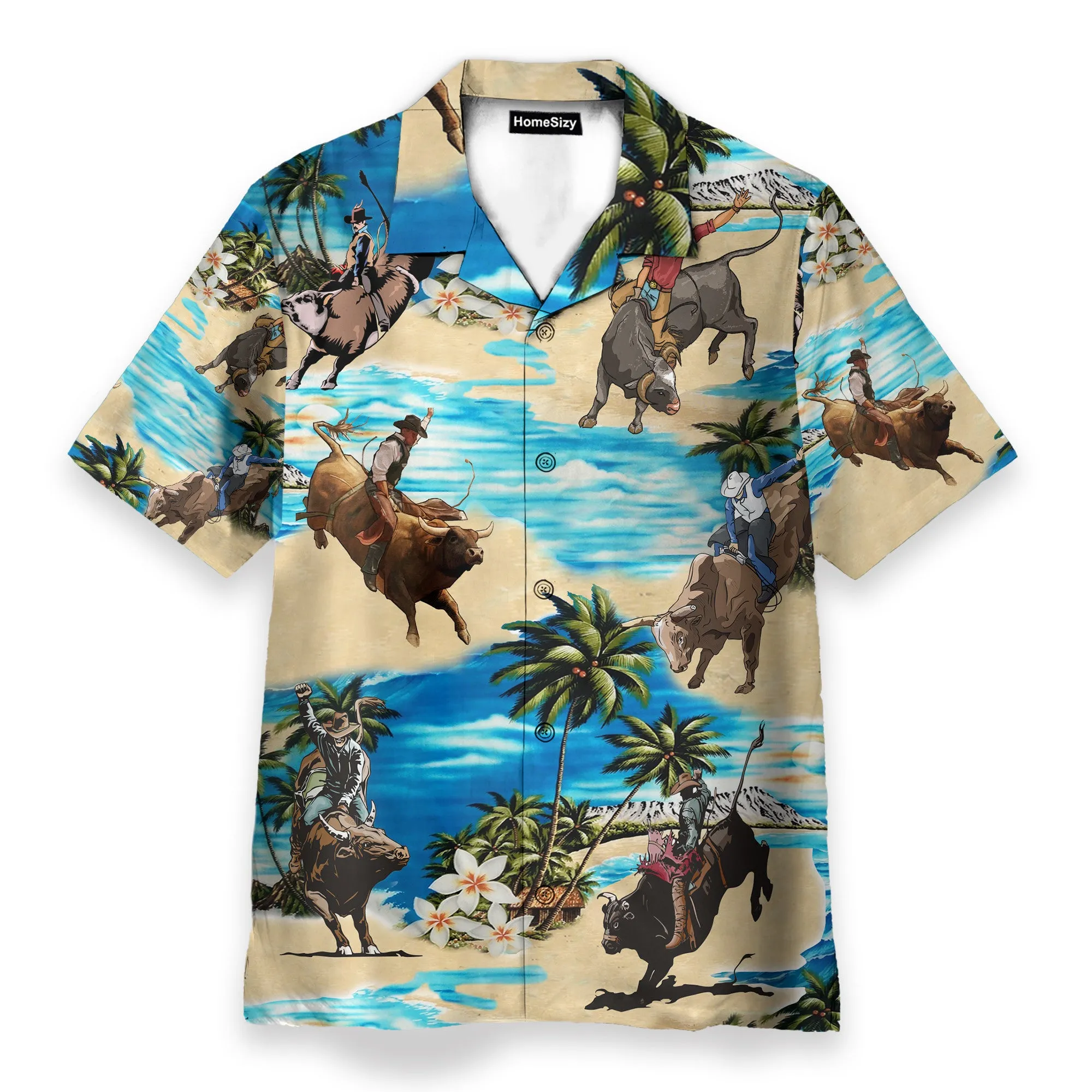 Bull Riding On The Beach Funny Button's Up Shirts - Hawaiian Shirt & Beach Shorts