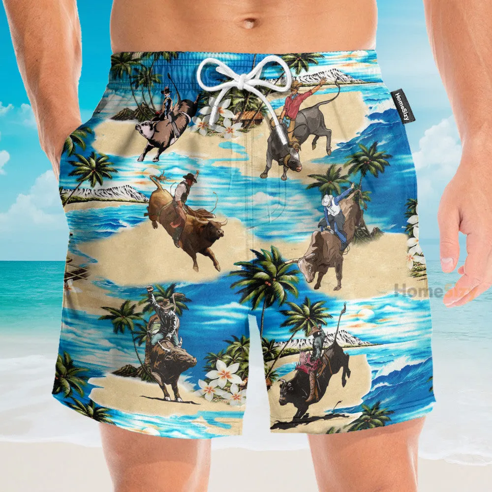 Bull Riding On The Beach Funny Button's Up Shirts - Hawaiian Shirt & Beach Shorts