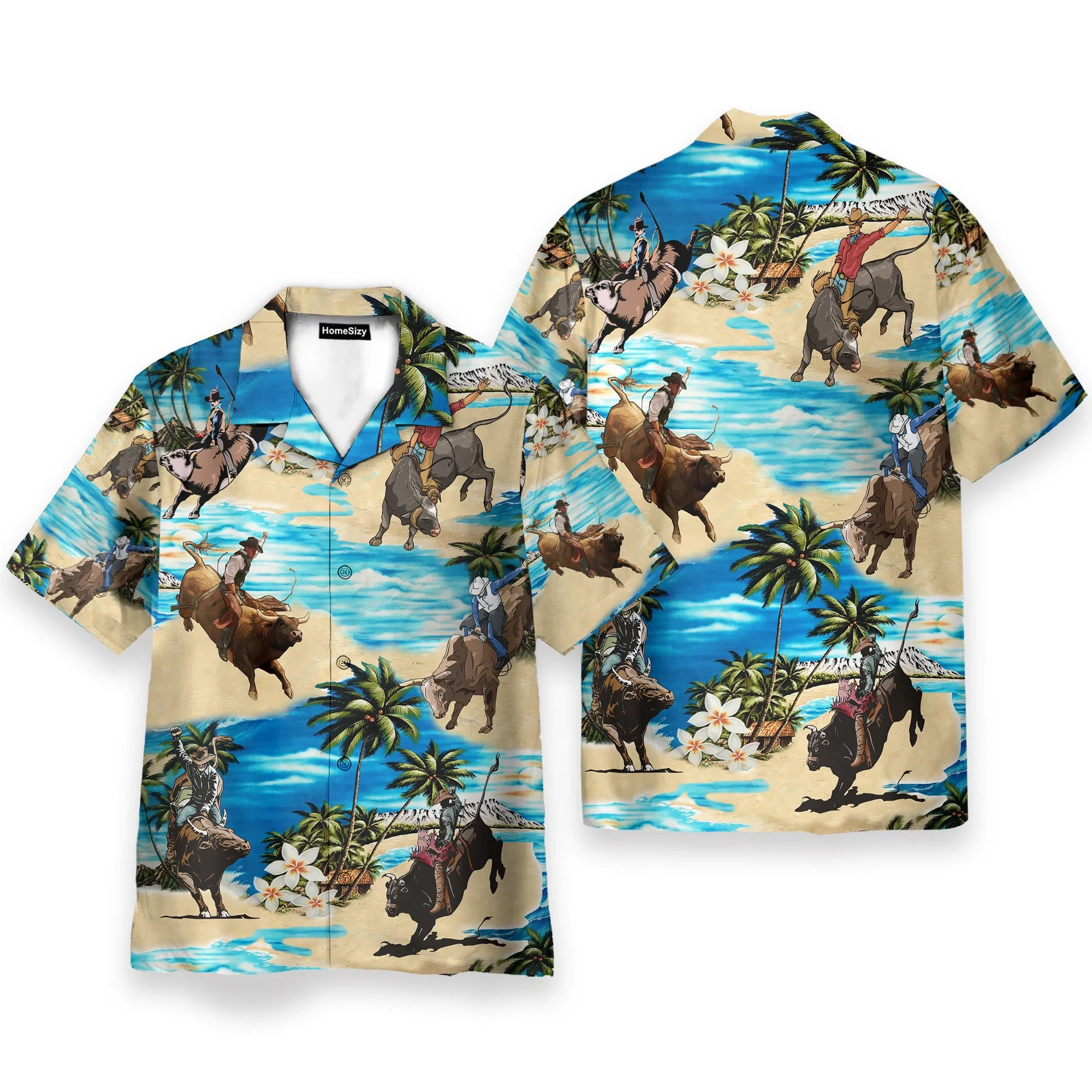 Bull Riding On The Beach Funny Button's Up Shirts - Hawaiian Shirt & Beach Shorts