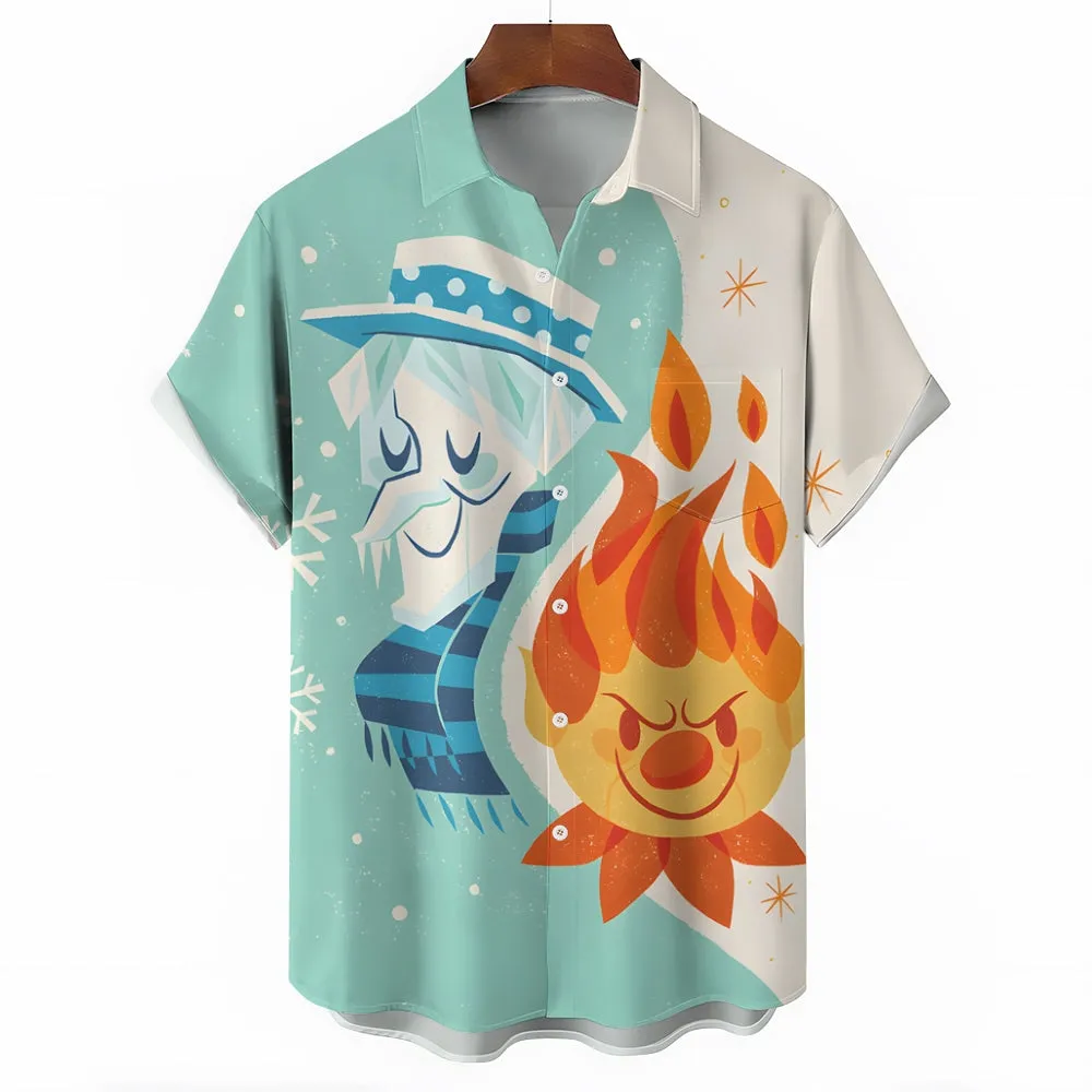 Cartoon Characters Ice And Fire Print  Casual Short Sleeve Shirt 2411009965