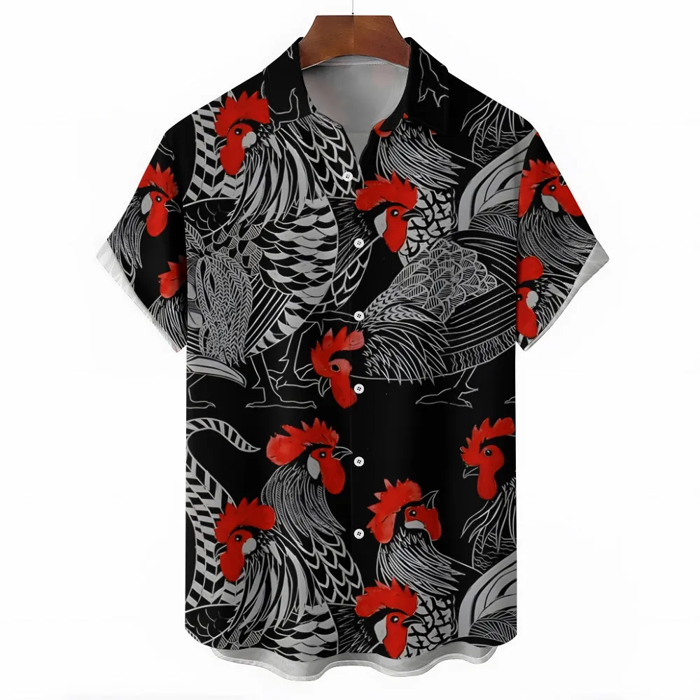 Cartoon Rooster Printed Casual Oversized Short Sleeve Shirt 2407005039