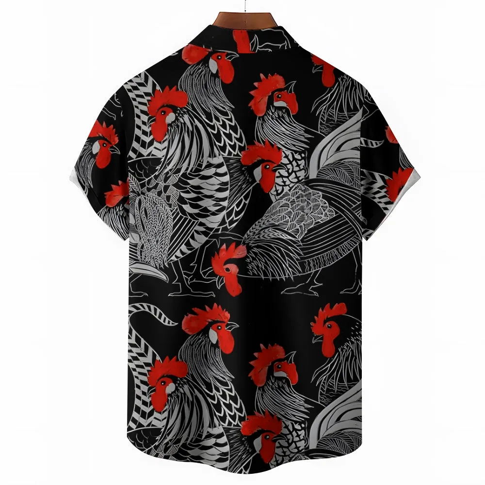 Cartoon Rooster Printed Casual Oversized Short Sleeve Shirt 2407005039