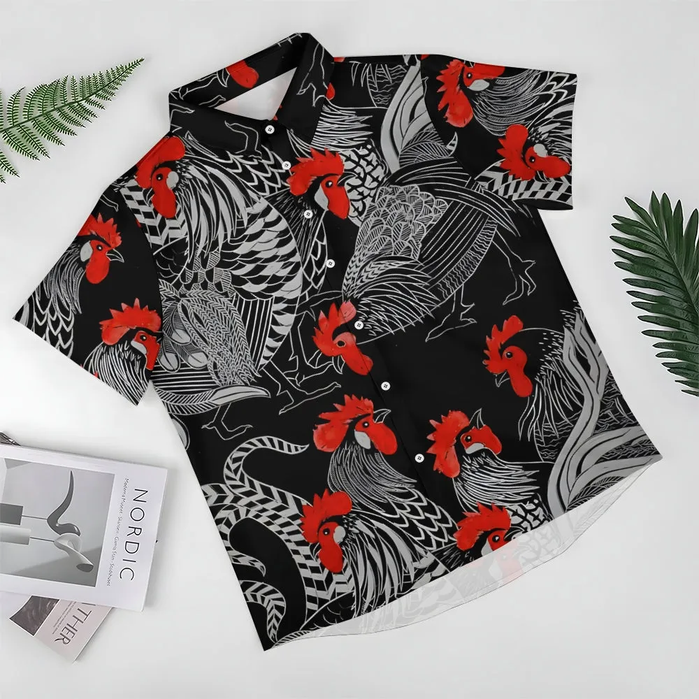 Cartoon Rooster Printed Casual Oversized Short Sleeve Shirt 2407005039