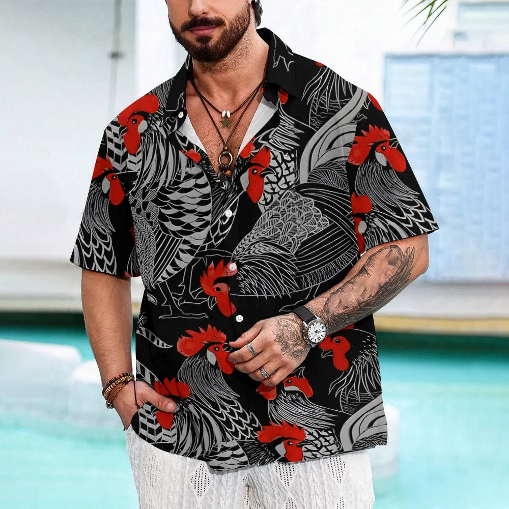 Cartoon Rooster Printed Casual Oversized Short Sleeve Shirt 2407005039