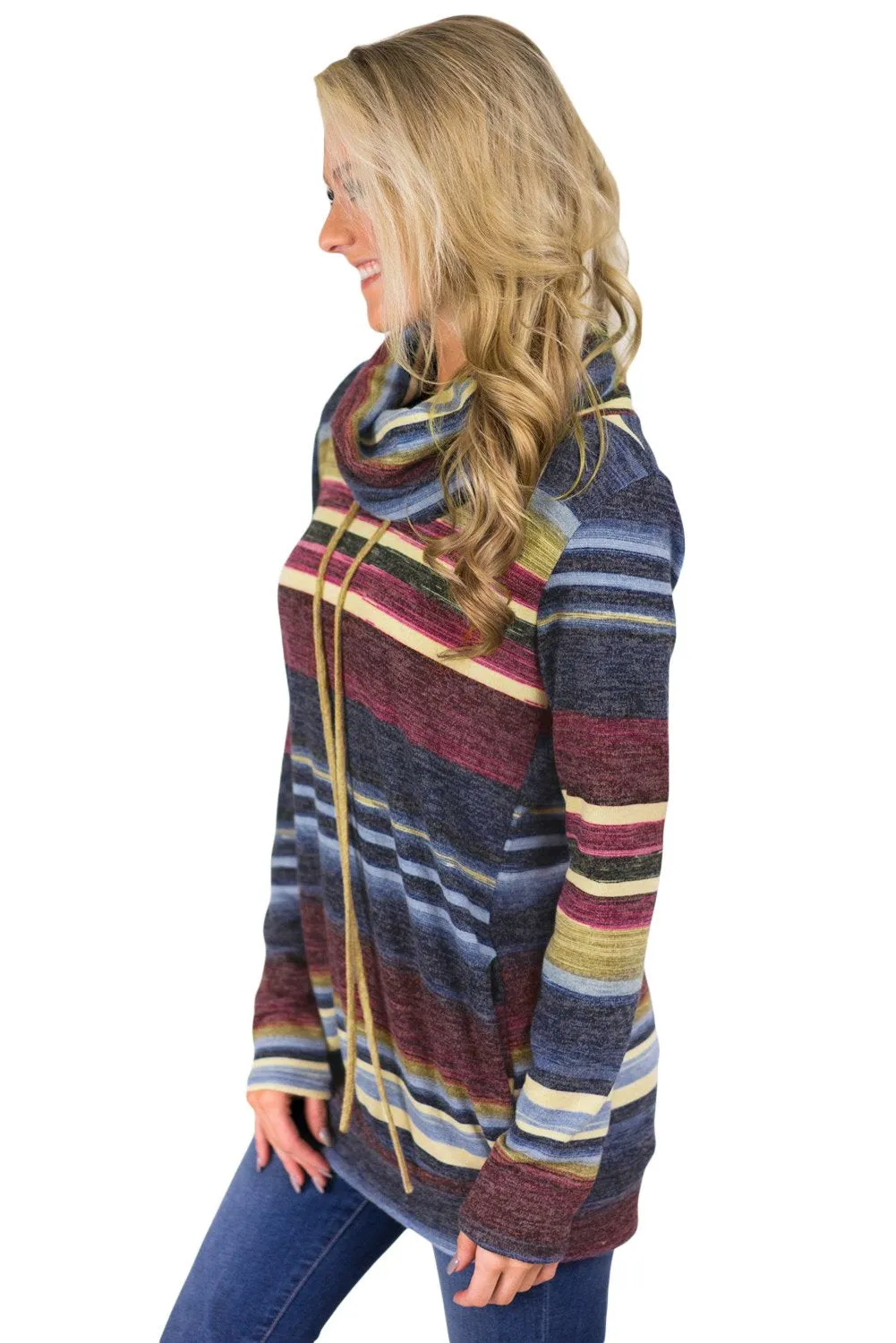Casual Blue Multicolor Cowl Neck Striped Sweatshirt