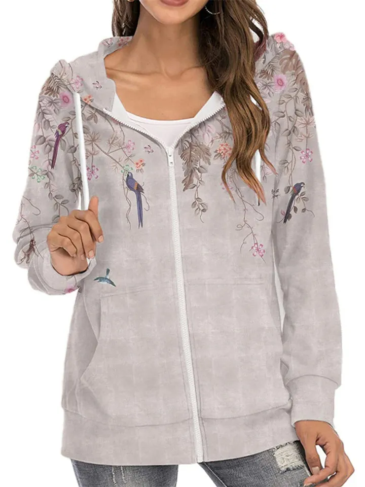 Casual Printed Zipper Long Sleeve Hoodies
