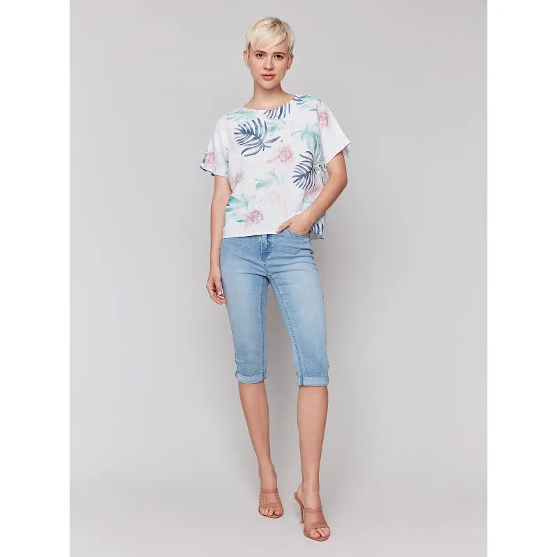 Charlie B Printed Linen Dolman Top