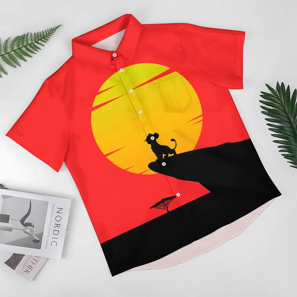 Chest Pocket Cartoon Lion Casual Short Sleeve Shirt 2401000409