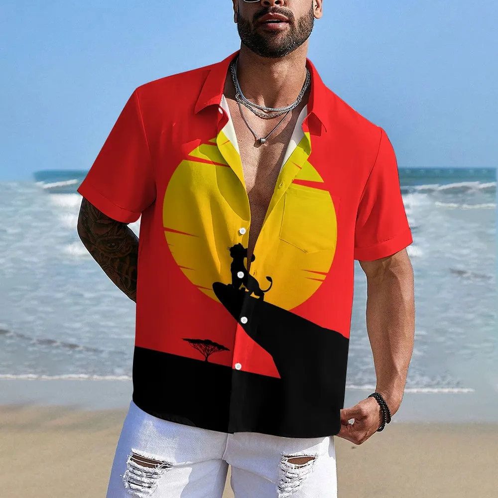Chest Pocket Cartoon Lion Casual Short Sleeve Shirt 2401000409