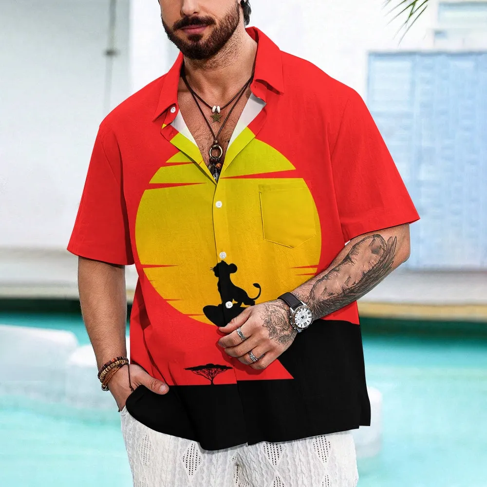 Chest Pocket Cartoon Lion Casual Short Sleeve Shirt 2401000409