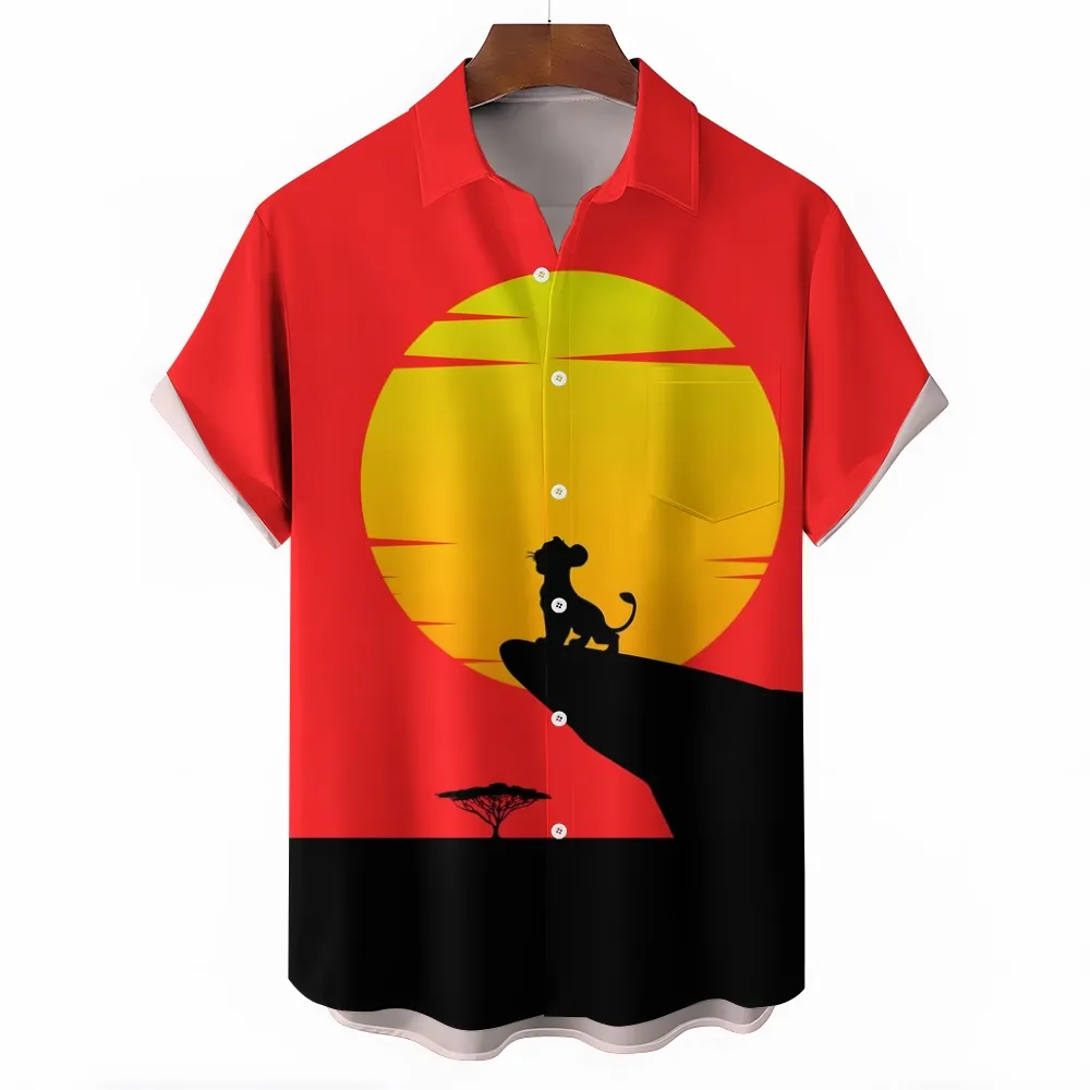 Chest Pocket Cartoon Lion Casual Short Sleeve Shirt 2401000409
