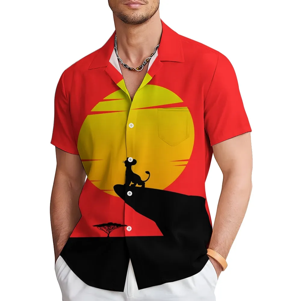Chest Pocket Cartoon Lion Casual Short Sleeve Shirt 2401000409