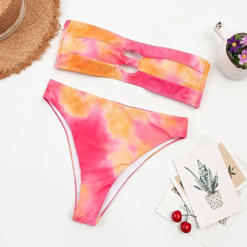 Chicindress Two-Piece Tropical Colorful High-Waist Tube Top Bikini