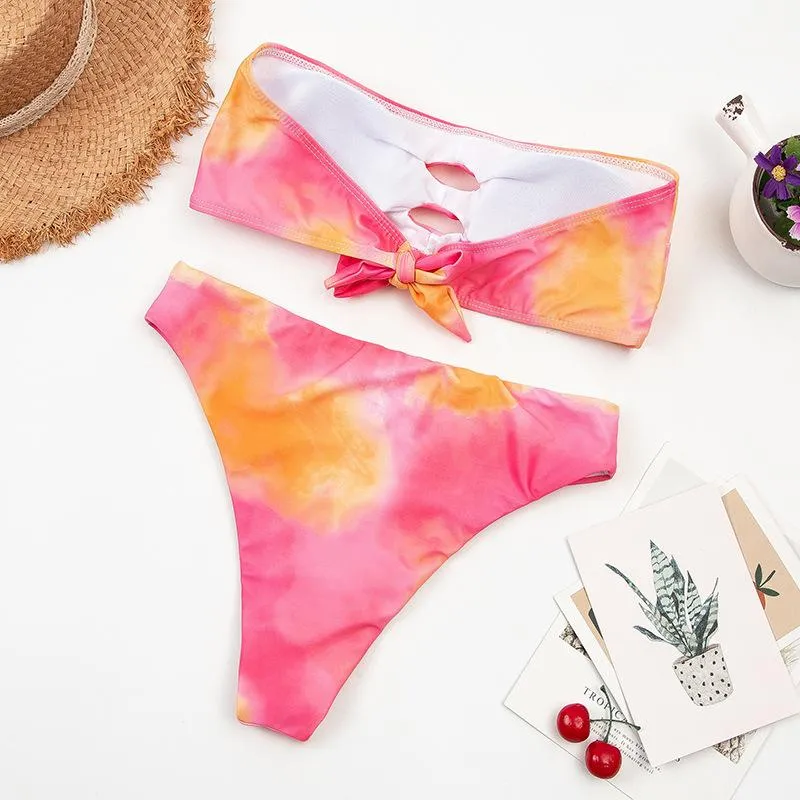 Chicindress Two-Piece Tropical Colorful High-Waist Tube Top Bikini