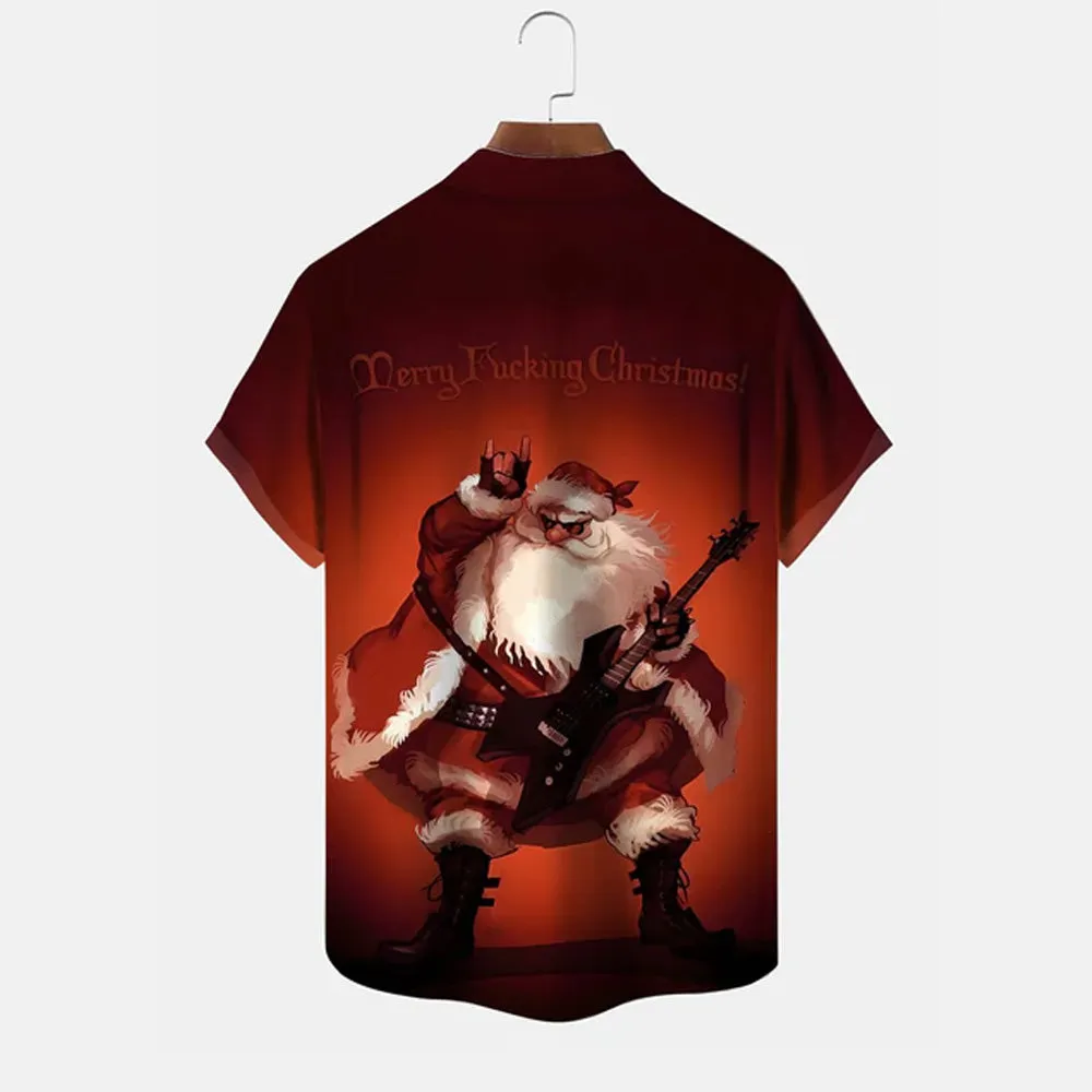 Christmas Santa Claus Music Button Pocket Casual Short Sleeve Shirt