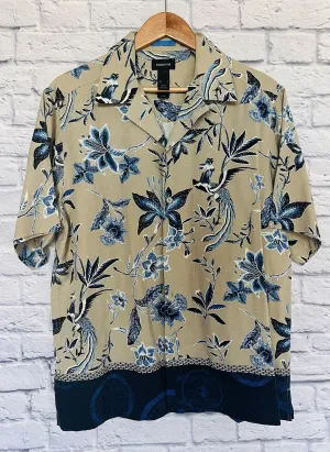 CLAIBORNE Mens 100% Silk Hawaiian Shirt Sz L Floral Print Button Down Beige Blue