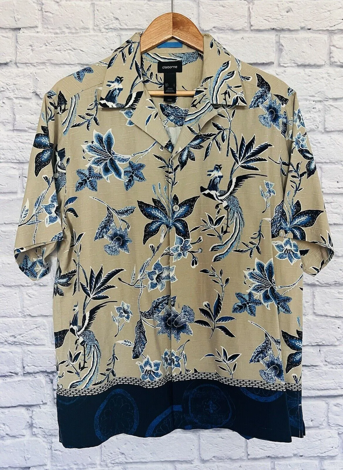 CLAIBORNE Mens 100% Silk Hawaiian Shirt Sz L Floral Print Button Down Beige Blue