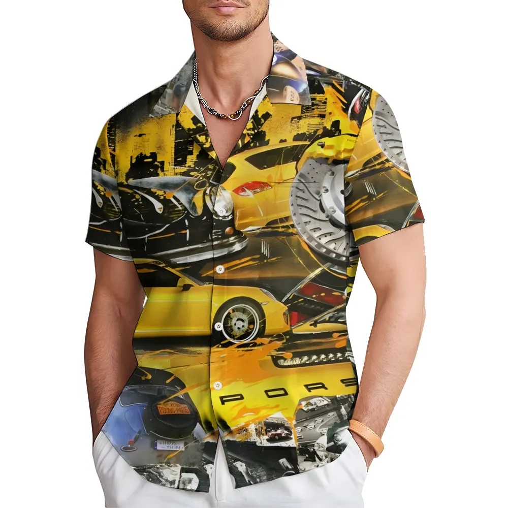 Classic Yellow Sports Car Printed Casual Oversized Short Sleeve Shirt 2407000790