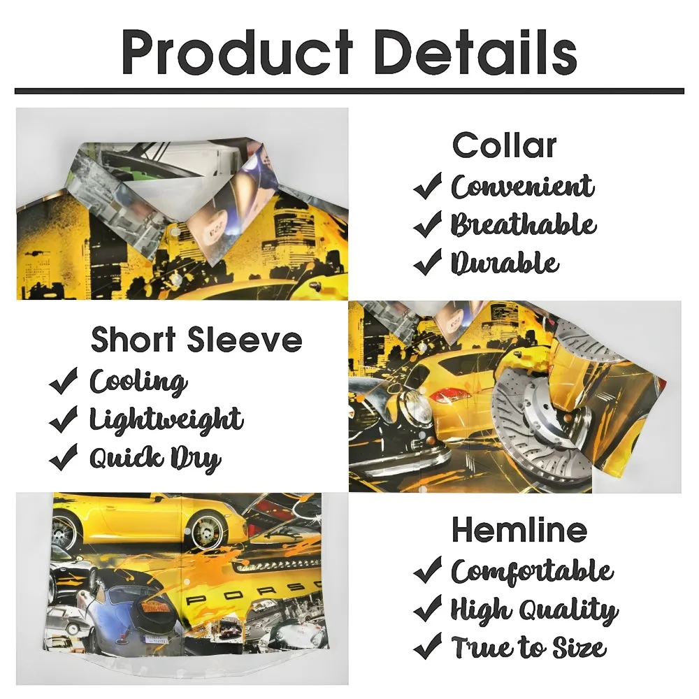 Classic Yellow Sports Car Printed Casual Oversized Short Sleeve Shirt 2407000790