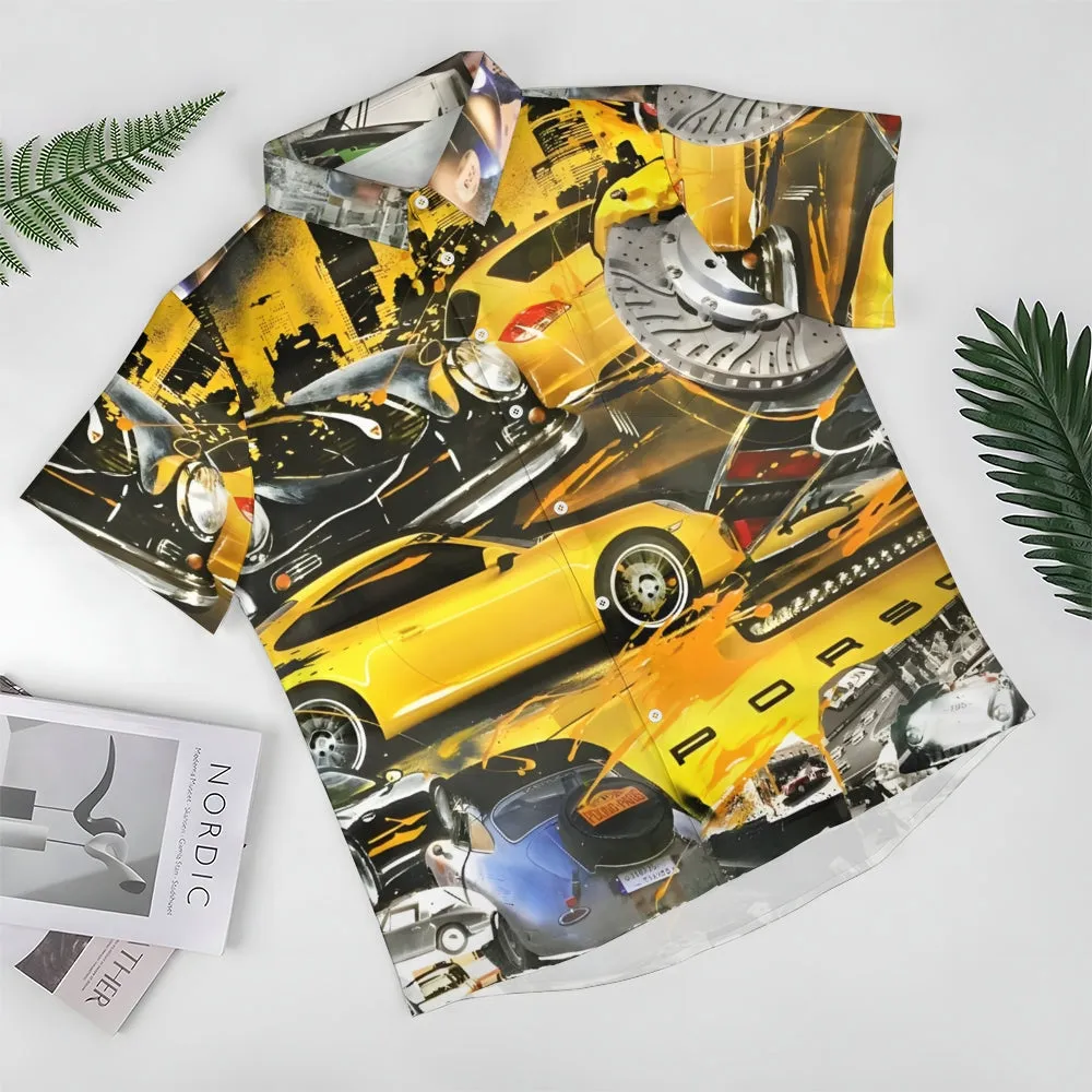 Classic Yellow Sports Car Printed Casual Oversized Short Sleeve Shirt 2407000790
