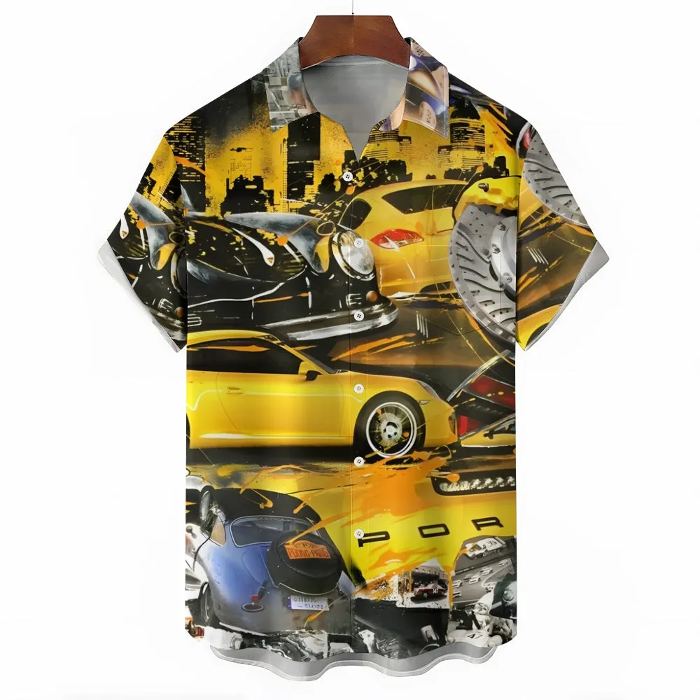 Classic Yellow Sports Car Printed Casual Oversized Short Sleeve Shirt 2407000790