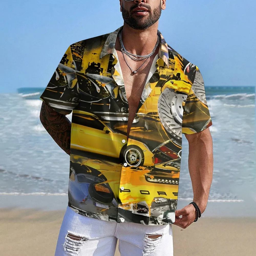 Classic Yellow Sports Car Printed Casual Oversized Short Sleeve Shirt 2407000790