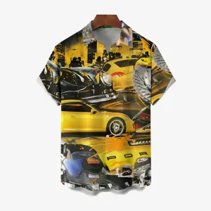 Classic Yellow Sports Car Printed Casual Oversized Short Sleeve Shirt 2407000790