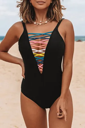 Colorful Drawstring Sling One-piece Bikini