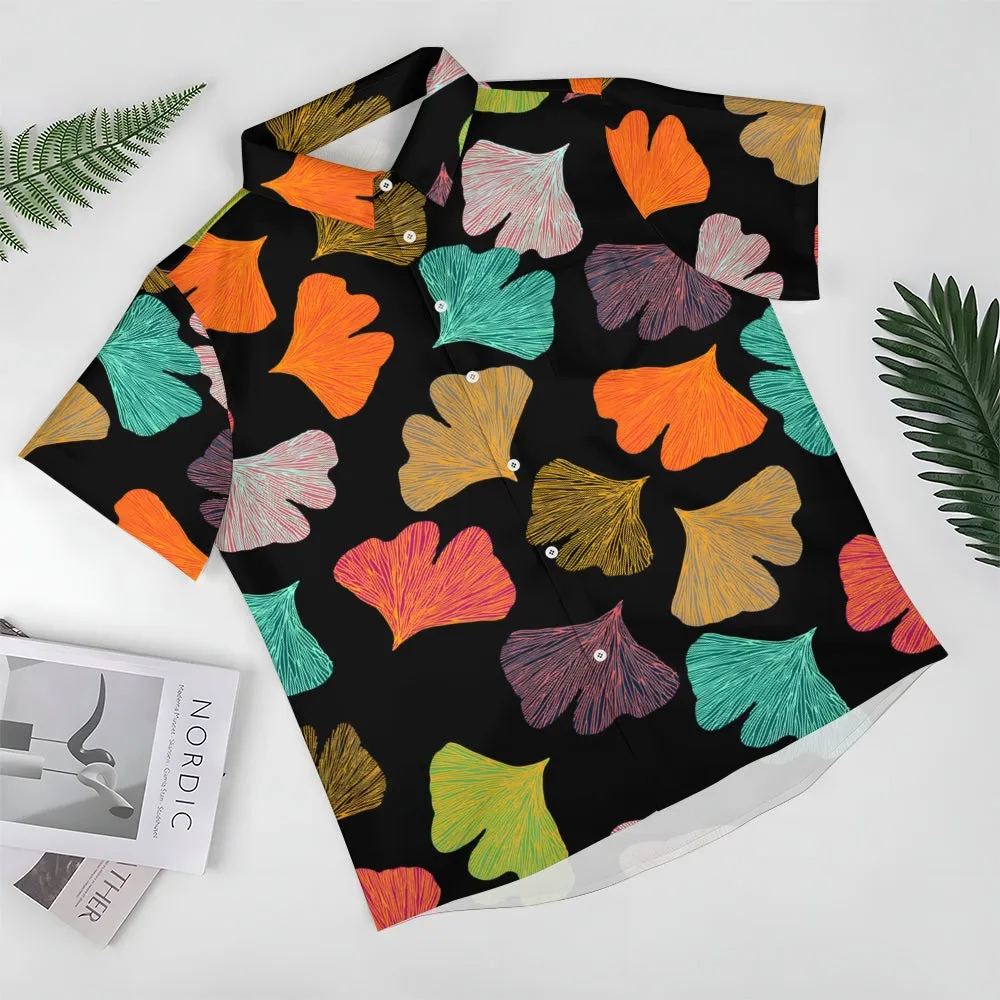 Colorful Ginkgo Leaf Art Print Casual Short Sleeve Shirt 2405002003