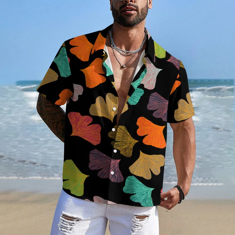 Colorful Ginkgo Leaf Art Print Casual Short Sleeve Shirt 2405002003