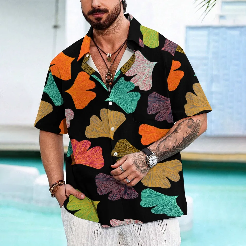 Colorful Ginkgo Leaf Art Print Casual Short Sleeve Shirt 2405002003
