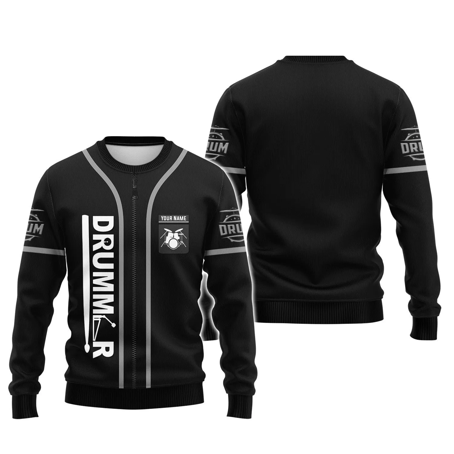 Custom Drummer Shirts Black Drums Personalized Name 3D Zipper Hoodie, 3D Hoodie Tshirt