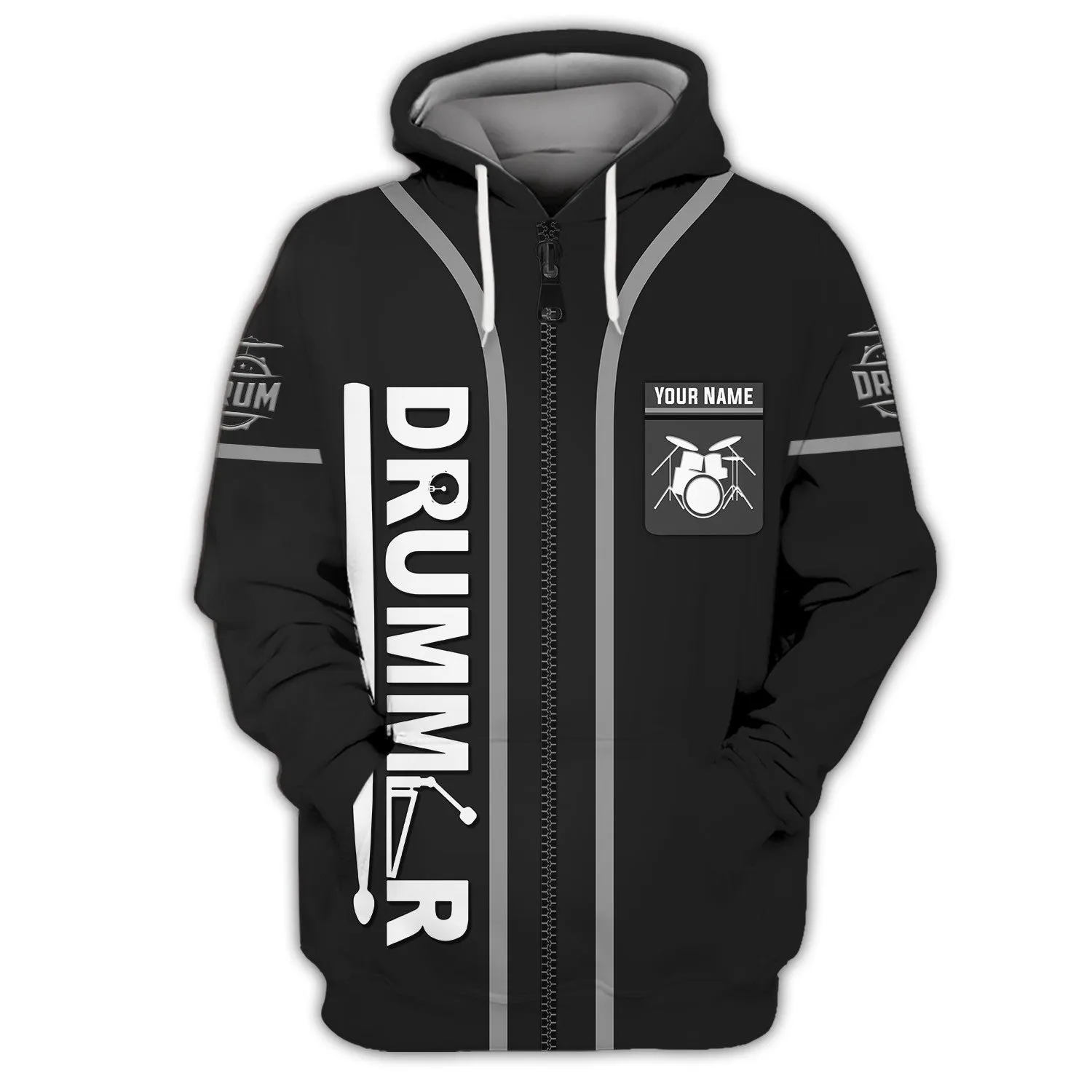 Custom Drummer Shirts Black Drums Personalized Name 3D Zipper Hoodie, 3D Hoodie Tshirt