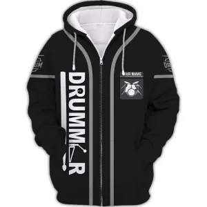 Custom Drummer Shirts Black Drums Personalized Name 3D Zipper Hoodie, 3D Hoodie Tshirt