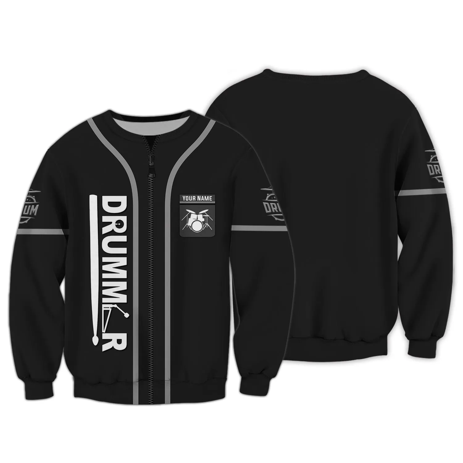 Custom Drummer Shirts Black Drums Personalized Name 3D Zipper Hoodie, 3D Hoodie Tshirt