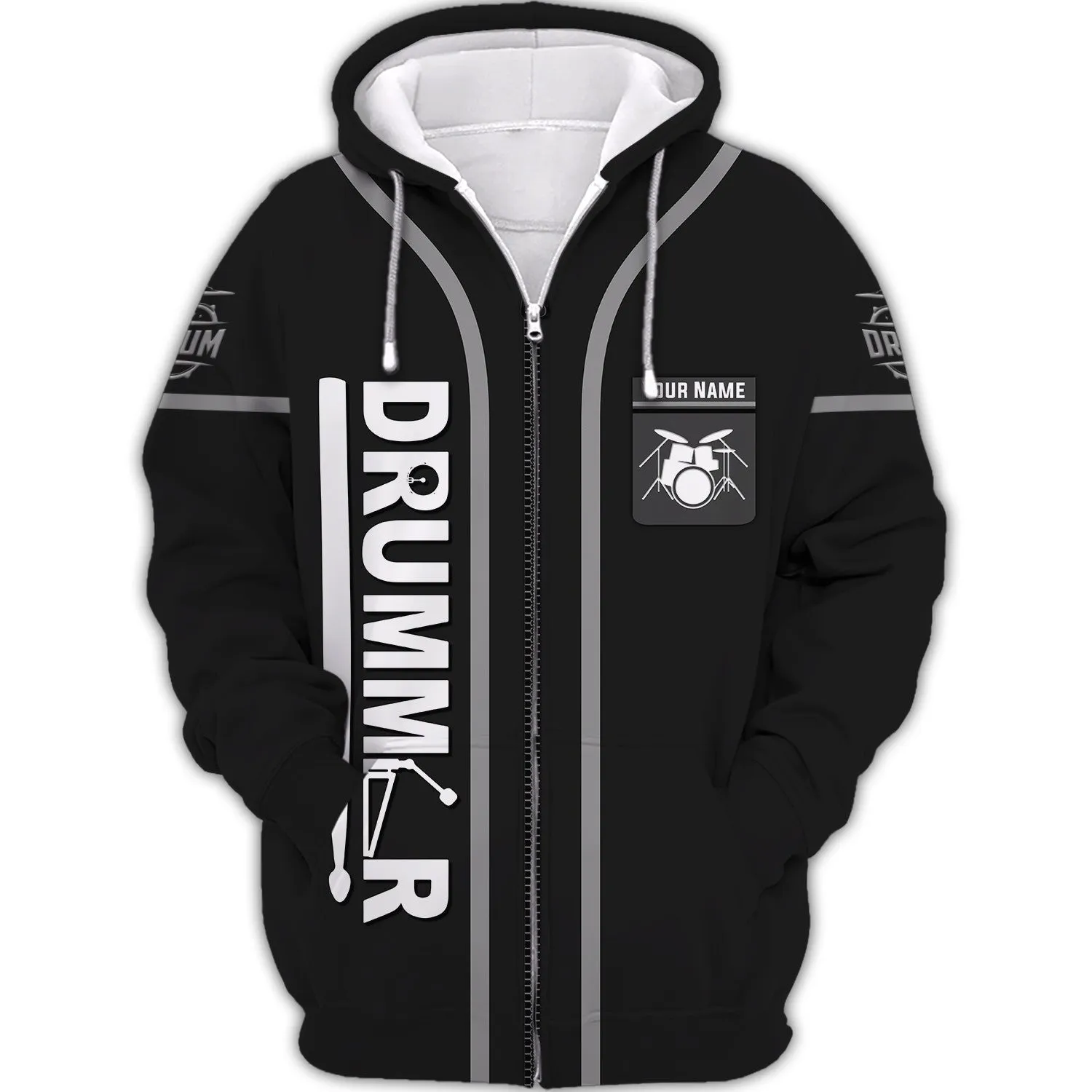 Custom Drummer Shirts Black Drums Personalized Name 3D Zipper Hoodie, 3D Hoodie Tshirt